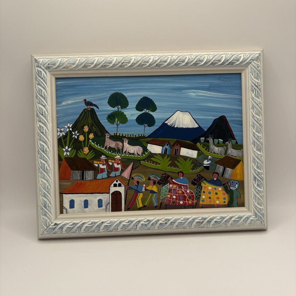 Hand Crafted Painting Tigua Folk Artwork Vibrant Colors Framed 8.5"x11"